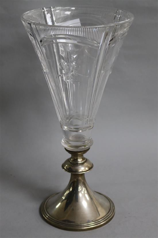 A Dutch 830 standard silver footed glass trumpet vase, 30.8cm.